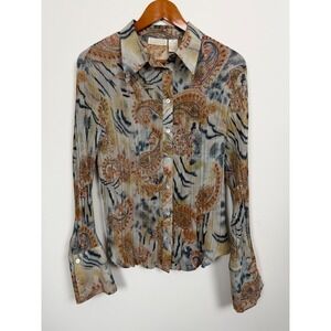 Caviar Tiger Paisley Blouse Women XL Multicolor Pleated Crinkle Button Down